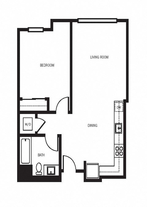 Floor plan for 1 bed, 1 bath, 704 sqft